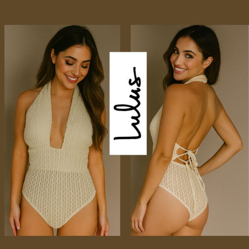 NWT Lulu's Cream Crocket and Lace Hatler Top Tie In Back Bodysuit
